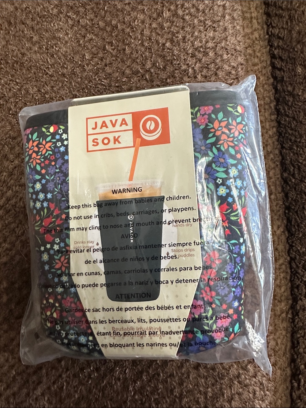 JavaSok Floral Coffee Cup Sleeve - size medium. Print is Picnic Basket